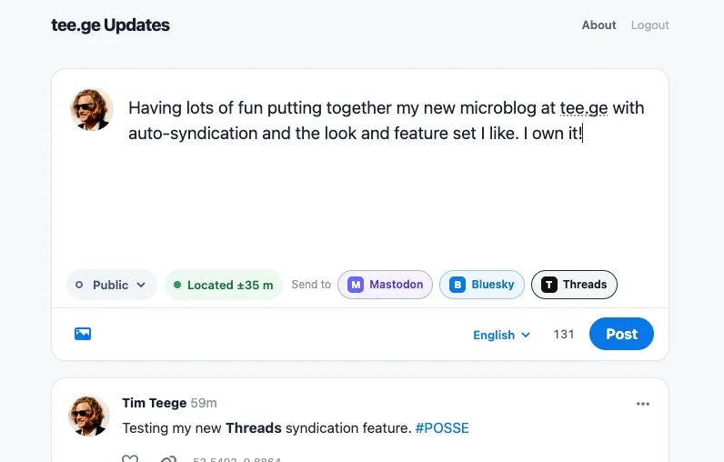 Screenshot of my new microblogging interface
