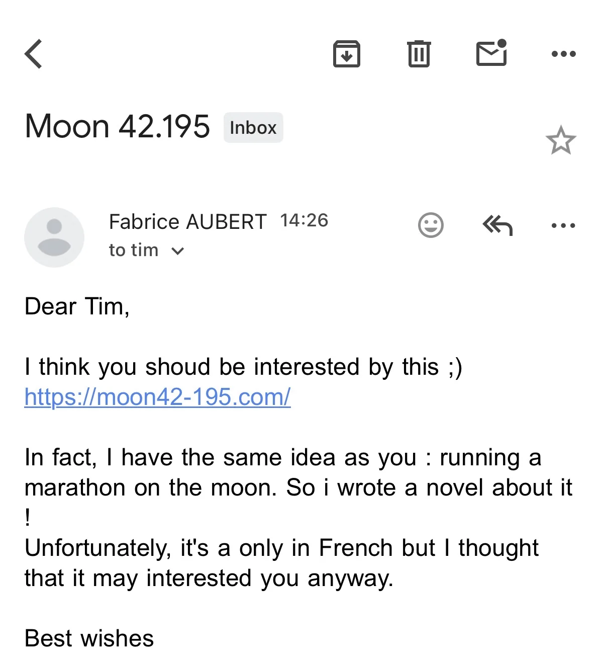 Screenshot of an email I got from a French author who wrote about running a marathon on the moon