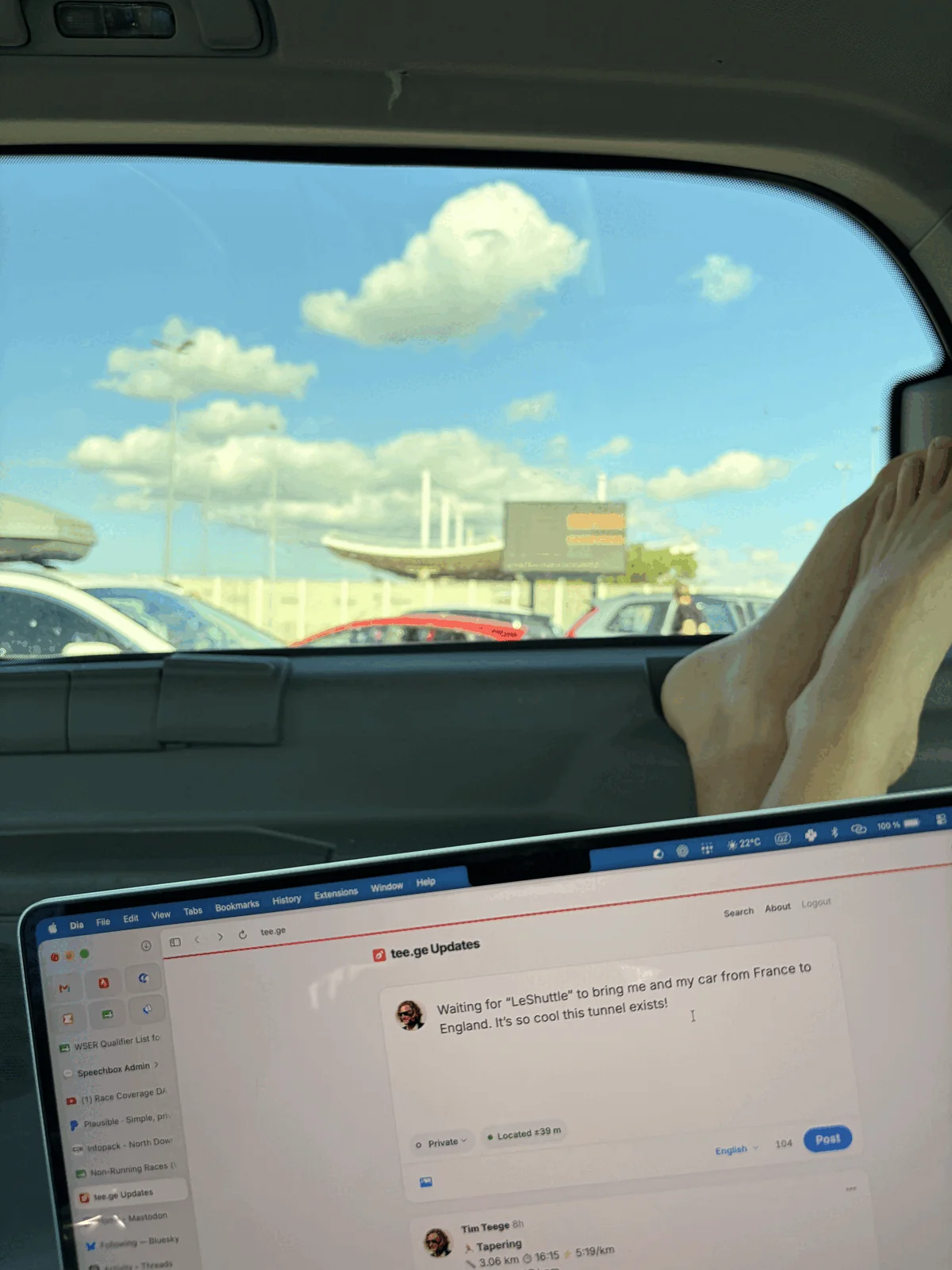 View of the message board of LeShuttle through the window of my car